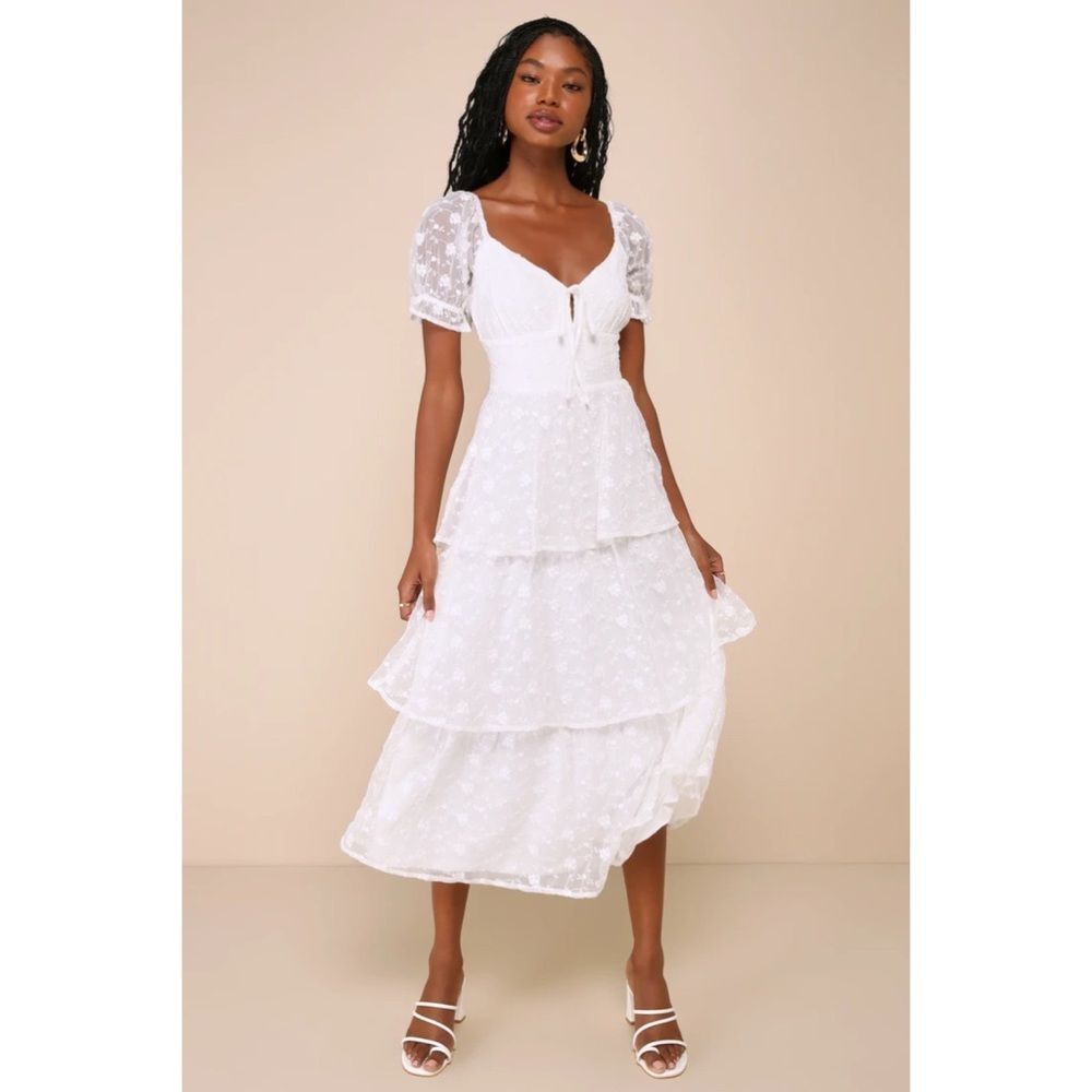 NWT Lulus Always Beside Me White Swiss Dot Tiered Midi Dress Women Size L